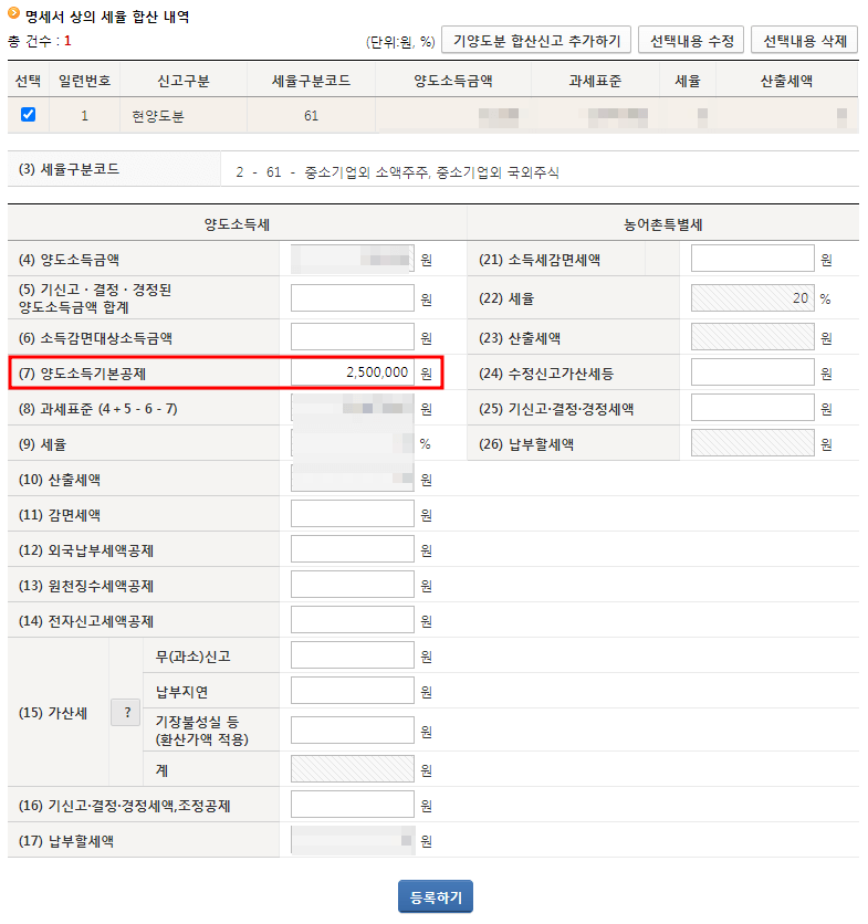 명세서 상의 세율 합산 내역